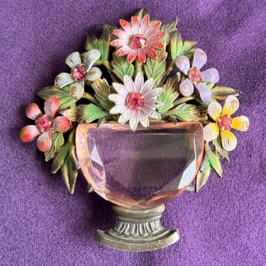 Table Settings - Vintage 1930s 1940s Massive Enamel Flower Bouquet Cut Glass Vase Center Brooch 