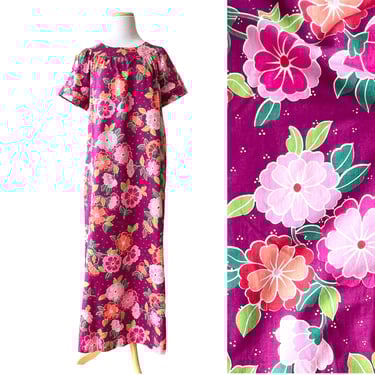 1960s Hawaiian Muu Muu, Vintage Hawaiian Tropical Print Dress, Ankle Length Raspberry and Pink Hibiscus Flower Print, Resort Wedding, Tiki 
