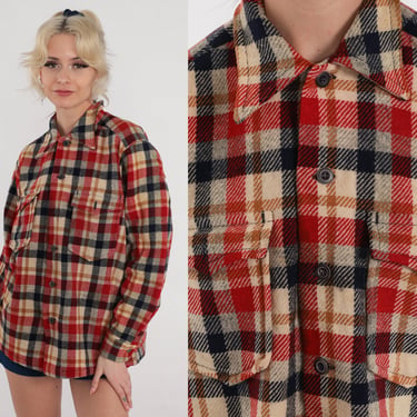 Wool Pendleton Shirt 70s Plaid Button Up Shirt Retro Lumberjack Boyfriend Flannel Long Sleeve Brown Red Black Vintage 1970s Mens Medium M 