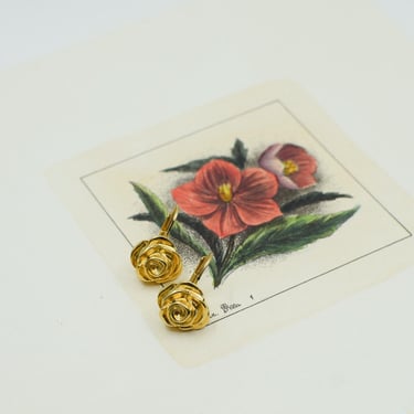 Vintage Givenchy Petite Rose Earrings | 1990s Gold Tone Designer Flower Pierced Earrings 