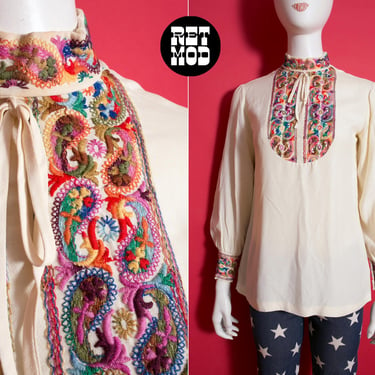 Incredible Vintage 60s 70s Colorful Embroidery Hippie Blouse by Mardi Modes 