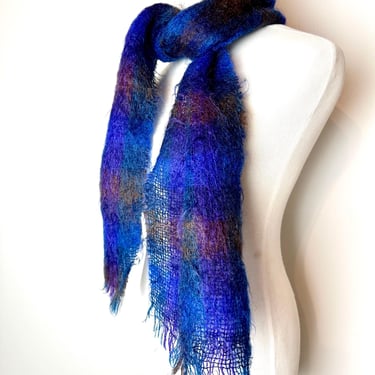 60’s Plaid Mohair scarf~ Color block Brown purple blue~ Gender neutral 1960’s hairy mohairy autumn scarves~ stylish & warm 