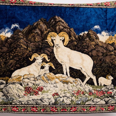 Vintage 70s Plush Velvet Ram Tapestry - 6'x4' | Fringe Wall Hanging Woven Animal Decor 