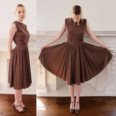 1950s Brown Cotton Midi Length Sun Dress / 50s Sleeveless Dress Full Pleated Skirt / M / Avalon 