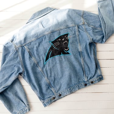 Carolina Panthers jean jacket | 80s 90s vintage faded light wash distressed bomber style denim jacket 