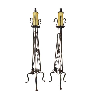 Vintage Neoclassical Iron Faux Candlestick Torchiere Floor Lamp Pair 