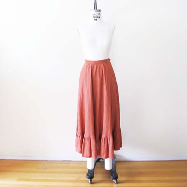 Vintage 70s Terracotta Orange Linen Midi Skirt 24 XS S - High Waist Boho Peasant Ruffle Romantic Skirt 