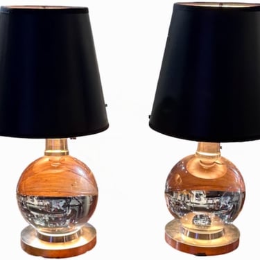 Jacques Adnet and Clear Baccarat Crystal Ball Metal Base Art Deco Table Lamps