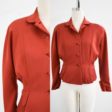 1940s Brick Red Jacket with Quilted Peplum 