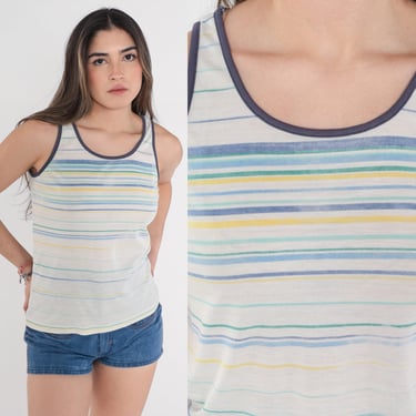 Striped Tank Top 80s Ringer Tee Retro Shirt Sleeveless Tshirt Basic Surfer Slouchy Burnout White Blue Yellow Green Vintage 1980s Small S 