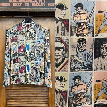 Vintage 1970’s 1920’s Baseball Player Cartoon Poly Disco Shirt Top, 70’s Vintage Clothing 