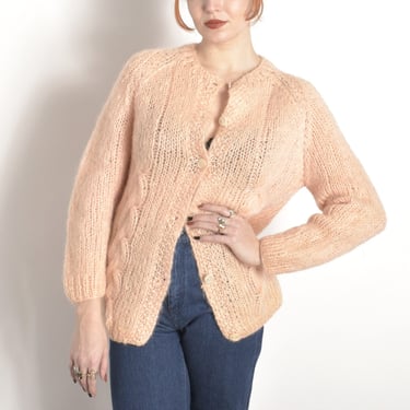 Vintage 1960s Sweater / 60s Mohair Cardigan / Pink ( medium M ) 
