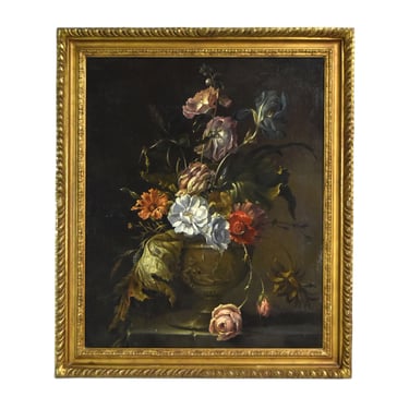 Antique 19th Century Still Life Oil Painting Wild Flowers in Neoclassical Vase 