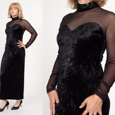 Large 90s Black Velvet Sheer Illusion Gown | Vintage Long Sleeve Button Back Formal Maxi Dress 