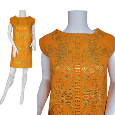 1960's Orange Gold Metallic Linen Shift Dress I Sz Sm 