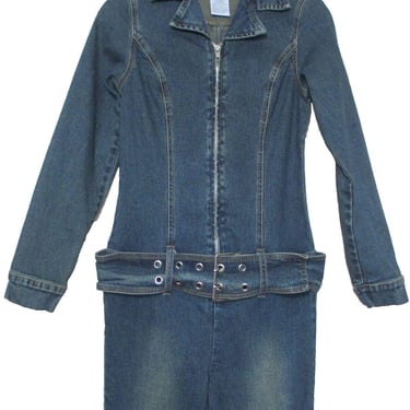 Vintage Jean Jumpsuit, 90s Revolt, Medium Women, Distressed Stretch Denim, Belted 