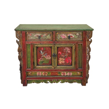 Chinese Distressed Red Green Flower Sideboard Credenza Cabinet cs7825E 
