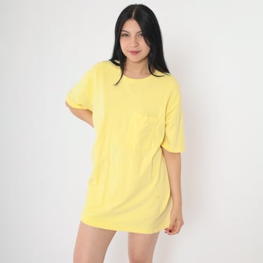 Vintage Yellow Pocket T Shirt 90s Fruit of the loom Retro Plain TShirt Solid Cotton Tee Blank Basic Single Stitch 1990s Extra Large xl 