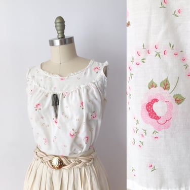 SIZE M / L Vintage Pink Cotton Babydoll Nighty- Floral Medium Delicate Cottagecore Romantic Ruffle White Tank Top 