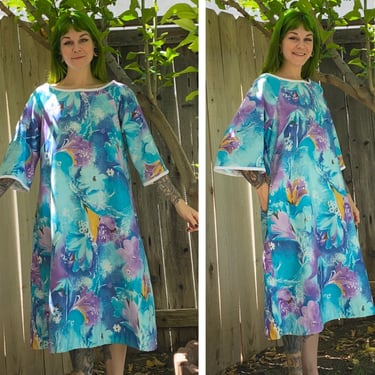 Vintage 1960’s Blue and Lavender floral Hawaiian Dress 