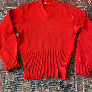 Vintage 1940s Red Wool V Neck Varsity Sweater Pullover by TimeBa