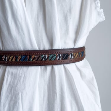 brown leather belt 90s vintage Columbia tapestry belt 