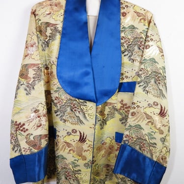 Vtg JAPANESE JACQUARD BROCADE BLAZER / SMOKING JACKET Asian Coat EMBROIDERED ART