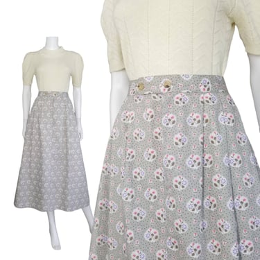 Vintage All Cotton Skirt, Medium / Pleated Skirt with Pockets / 1940s Print Floral Skirt / Pale Gray Cottagecore Skirt / Cotton Market Skirt 