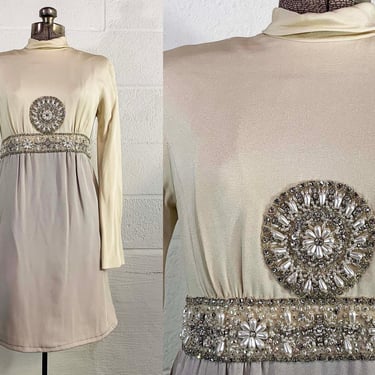 Vintage Mock Neck Cream Dress Long Sleeve Mini Silver Beaded Party Cocktail Pockets Ivory Gray Makoff Salt Lake City Seaton 1960s 60s Small 