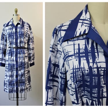 Vintage 60s Alex Coleman California Cobalt Blue White MCM Mod Abstract Print Shirt Dress  // Modern Size US 6 8 Small Med 