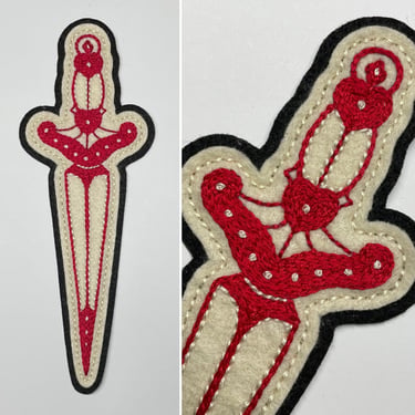 Handmade / hand embroidered black &amp; off white felt patch - red pointy dagger with hearts detail - vintage style - traditional tattoo flash 