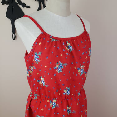 Vintage 1970's Summer Dress / 70s Red Floral Dress L 