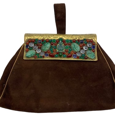 30s Unsigned Chocolate Brown Suede Bejeweled Evening Bag