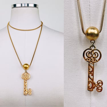Vintage 90s-Y2K Romantic Golden Key Pendant by Anne Klein | Extra Long Necklace, Valentines, 