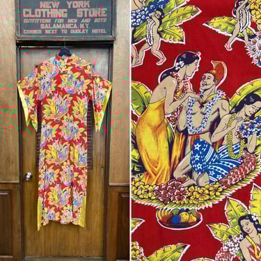 Vintage 1940’s Eugene Savage Hula Girl Rayon Tiki Pake Muu Batwing Sleeve Hawaiian Dress, Tiki Dress, Pake Muu, 1940’s Dress, Hawaiian Dress 