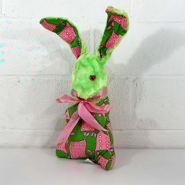 Vintage Stuffed Easter Bunny Animal Dollcraft Rabbit Flowers Nursery Kid's Room Floral Union Made Pink Lime Green 1960s Deadstock NOS Toy 
