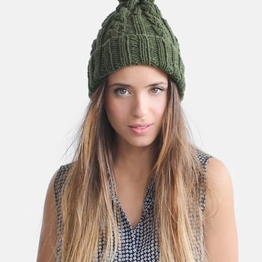 Hand Knit Hat in Deep Green, Khaki Green Beanie, Womens Winter Hat, Custom Color Beanie, Olive Green Beanie, Aran Knit Hat 