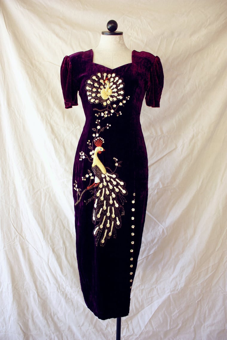 Hotsell Stunning 1930s, 1940s Inky Black Silk Velvet Hostess Gown, Tiny Pearl Beads, Coral Embroidery, Bullion Soutache, Sm - Med.