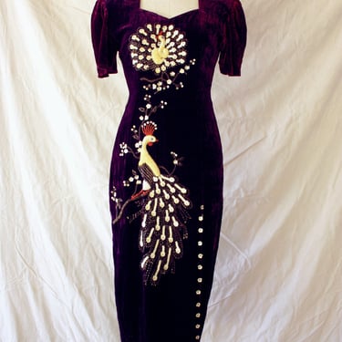Retro 1930s 1940s Style Purple Crushed Velvet Gown with Peacock Sequin Embroidery Size S 