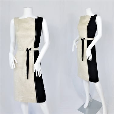 1960's Black Beige 2-Tone Color Block Linen Sheath Dress I Sz Med I Fred Rothschilds 