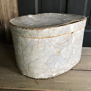 Antique French Hat Box, Hand Blocked Floral Wallpaper, Hand Laced, Period Prop, Period Clothing, Shabby Chic, Distressed 