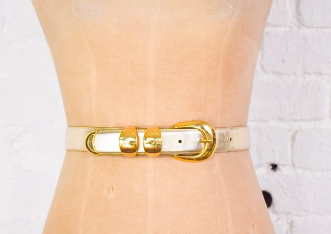 1980s Gold Leather Belt | 80s Gold Faux Leather Belt 
