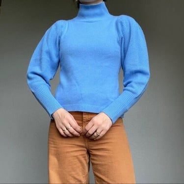 Diane Von Furstenberg Blue Wool Cashmere Puff Sleeve Mock Neck Sweater Sz M 