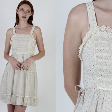 70s Wildflower Calico Floral Dress, Country Garden PrairieCore Dress, Side Waist Tie Full Skirt Mini 