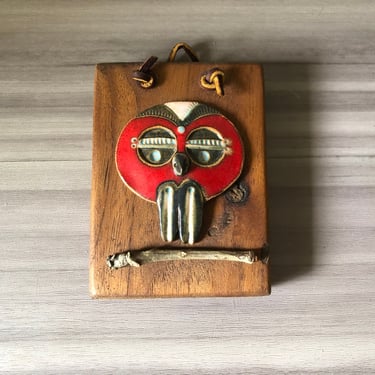 Vintage Mid Century Modern enamel and brass owl wall plaque 