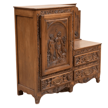 Antique Chiffonier, Renaissance Revival Asymmetrical, Carved, with Seat, 1800's