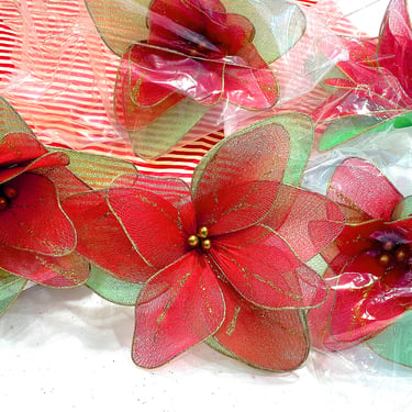 VINTAGE: 12pcs - Holiday Nylon Flowers - Red and Green Flowers - Decorations - Ornaments - Crafts - SKU 00035660 