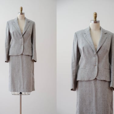 gray wool suit | 70s vintage light gray herringbone wool dark academia style skirt suit 