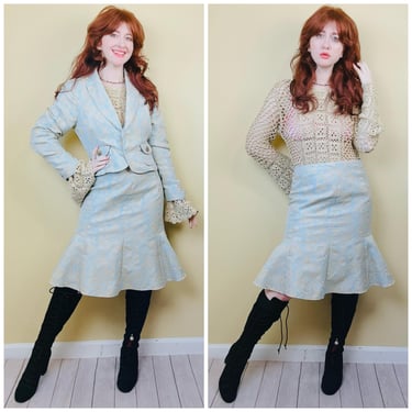 Y2K I.C.E. Brand Brocade Floral Suit / Vintage Baby Blue and Champagne Gold Blazer and Mermaid Skirt / Size Large / 10 