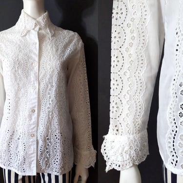 Beautiful Vintage 60s 70s White Eyelet Lace Long Sleeve Collared Blouse 